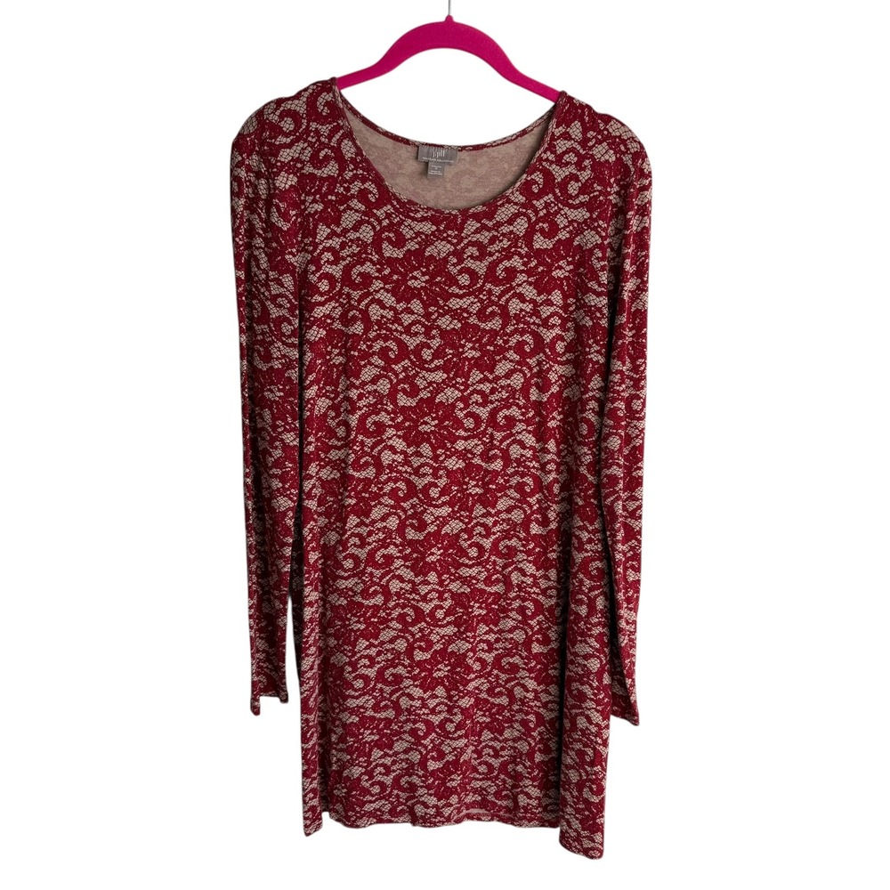 J.JILL WEAREVER COLLECTION Stretch Lace Look Ladies Red and Tan‎ Tunic Top, S